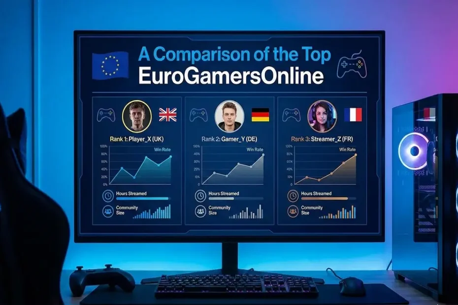 A computer monitor displaying an infographic titled "A Comparison of the Top EuroGamersOnline," featuring profiles, win rates, and statistics for top European gamers, set within a glowing blue gaming station.