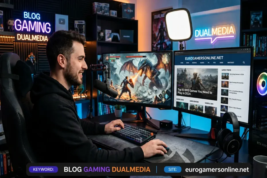 Gaming blogger streaming setup with dual monitors, neon “Blog Gaming DualMedia” sign, and eurogamersonline.net displayed on screen.