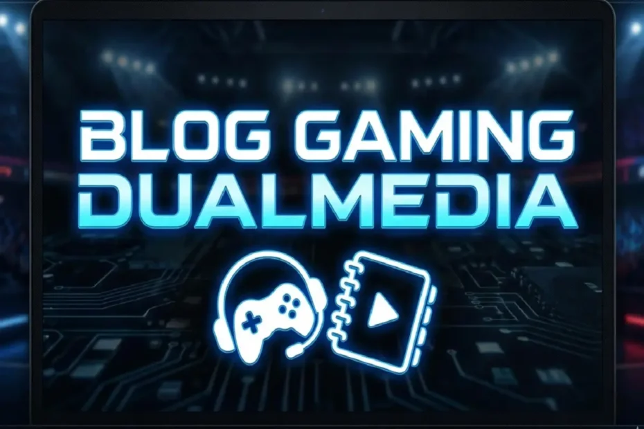 Neon-style digital gaming banner featuring the text 'BLOG GAMING DUALMEDIA' with controller and media icons.