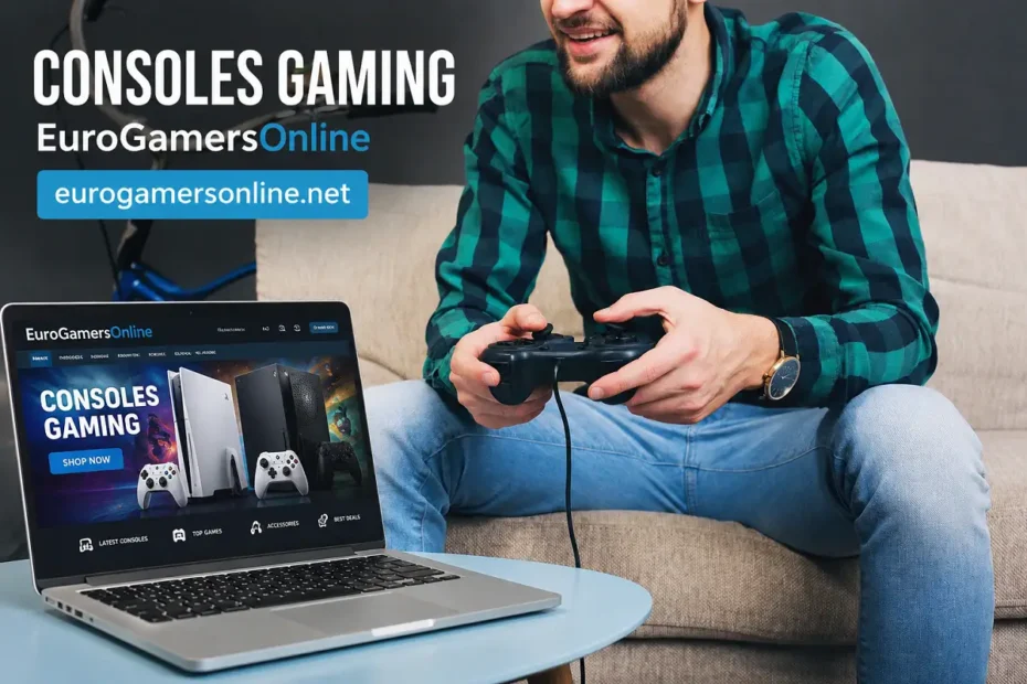 Consoles Gaming EuroGamersOnline displayed on gaming setup with player using controller and laptop.