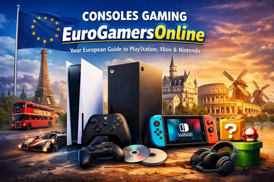 High-quality illustration of consoles gaming EuroGamersOnline featuring PlayStation, Xbox, and Nintendo consoles set against iconic European landmarks and gaming accessories.