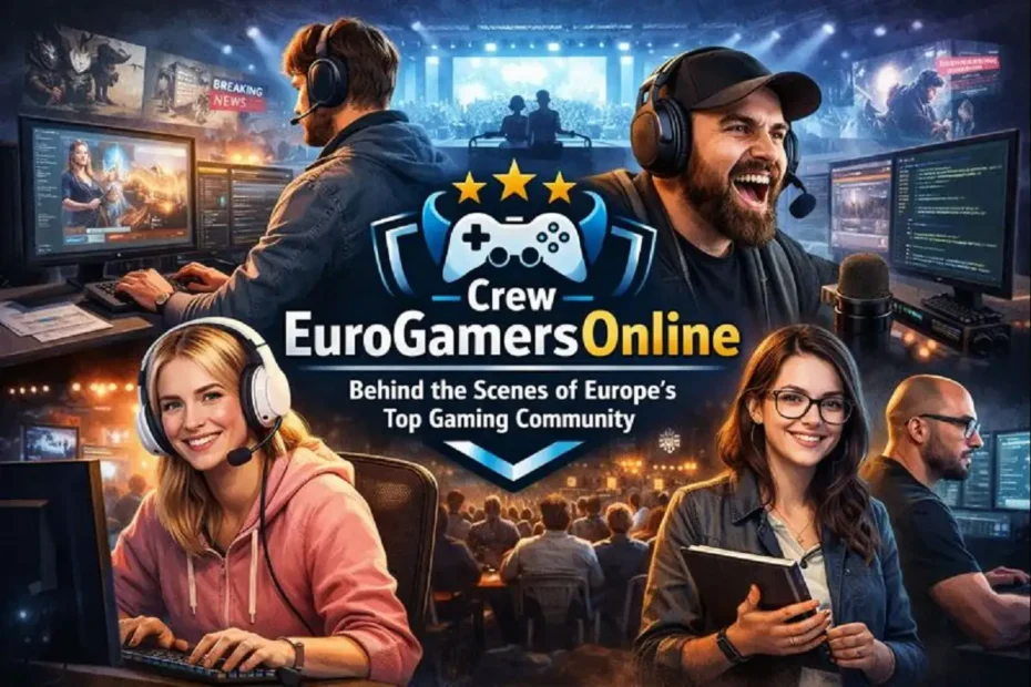 Crew EuroGamersOnline team collaborating on gaming content, streaming, editing, and community management in a modern esports-style environment.
