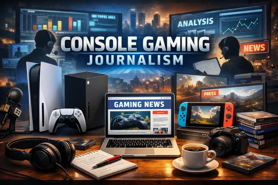 Console gaming journalism workspace with PlayStation, Xbox, Nintendo consoles and gaming news screens.