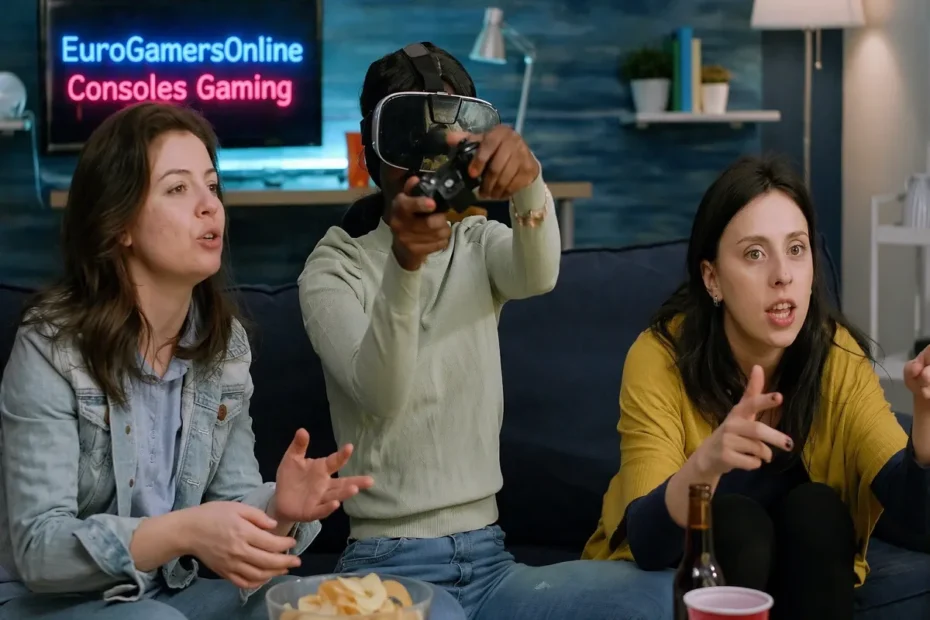 Friends playing console games at home with VR headset and “EuroGamersOnline Consoles Gaming” sign in background.