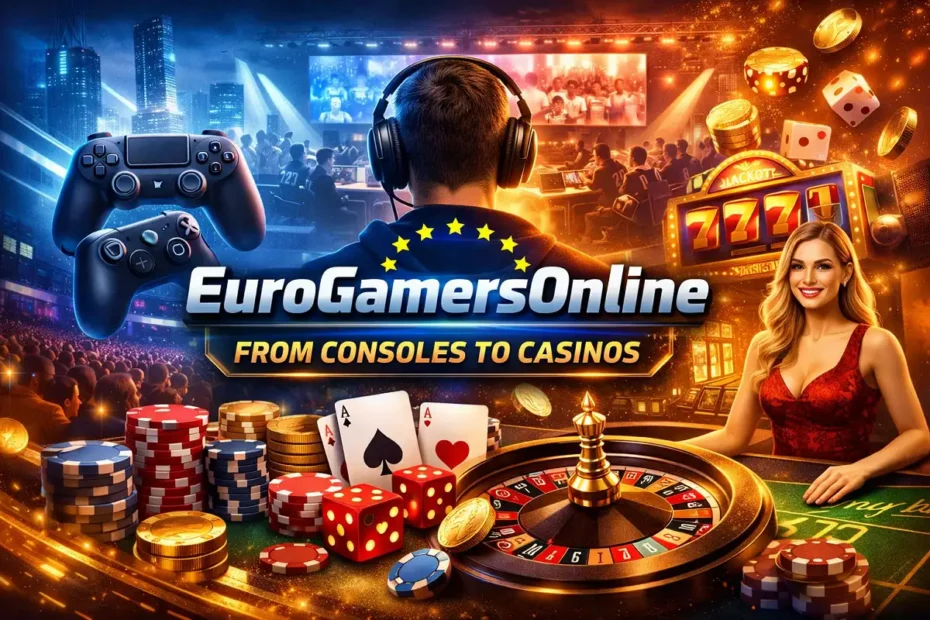 EuroGamersOnline concept image showing the evolution from console gaming and esports to online casino play with roulette, poker chips, and digital gaming elements.