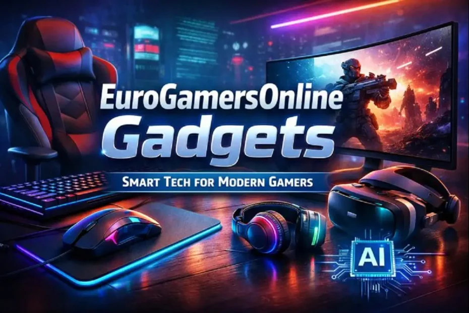 EuroGamersOnline gadgets gaming setup with RGB mouse, keyboard, headset, VR headset, and futuristic gaming monitor.