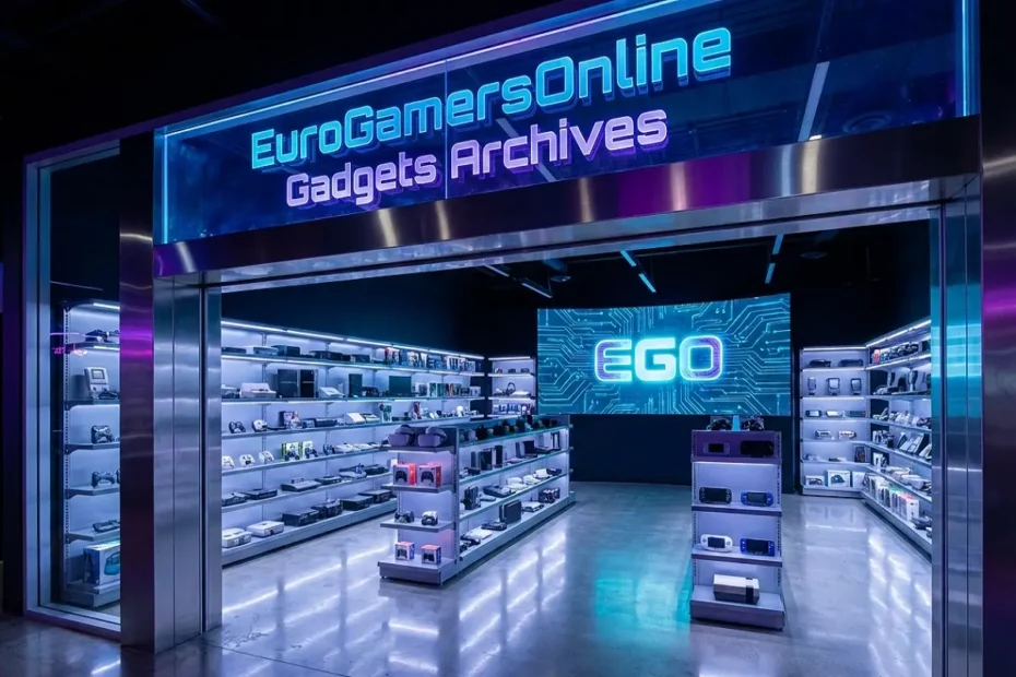 A futuristic, neon-lit storefront with a glowing sign reading "EuroGamersOnline Gadgets Archives," revealing an interior filled with shelves of gaming consoles and tech.