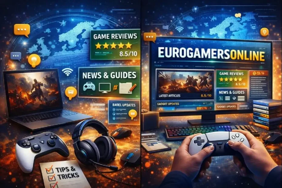 Eurogamersonline gaming website displayed on screen with controller, laptop, and game review sections.
