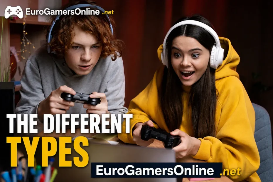 EuroGamersOnline The Different Types gaming thumbnail with two teenagers playing video games and eurogamersonline.net branding.