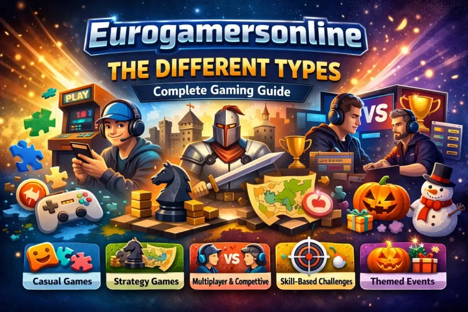Illustration showing Eurogamersonline the different types of games, including casual, strategy, multiplayer, skill-based, and themed gaming categories.