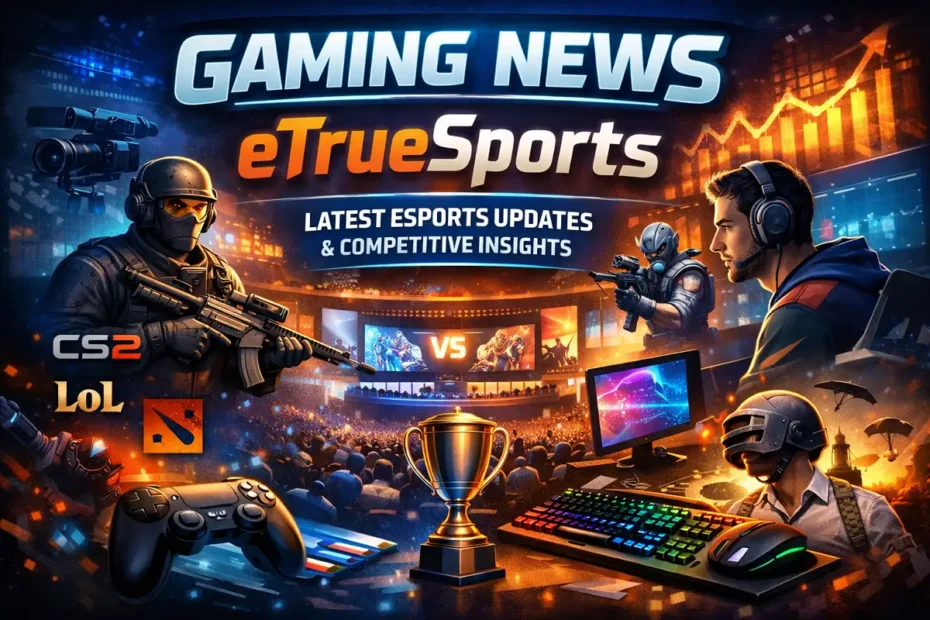Gaming news eTrueSports banner showing esports players, tournament arena, gaming gear, and competitive gaming visuals.