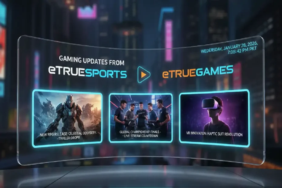 Gaming updates interface showing eTrueSports and eTrueGames with esports finals, new RPG release, and VR innovation.