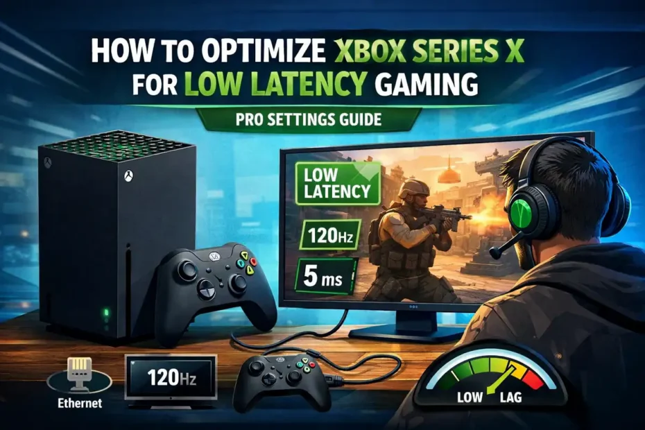 Xbox Series X optimized for low latency gaming with 120Hz display and wired controller.