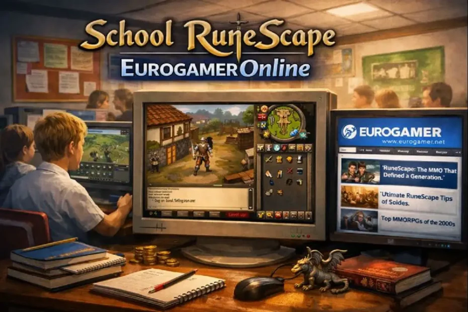 School RuneScape EurogamerOnline shown on school computers in a 2000s classroom setting.