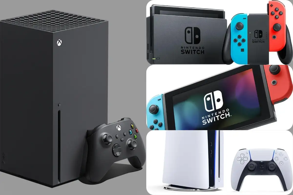 A collage featuring the three major video game consoles: a black Xbox Series X with its controller on the left, two views of a Nintendo Switch (docked and handheld) in the top right, and a white PlayStation 5 with a DualSense controller in the bottom right.