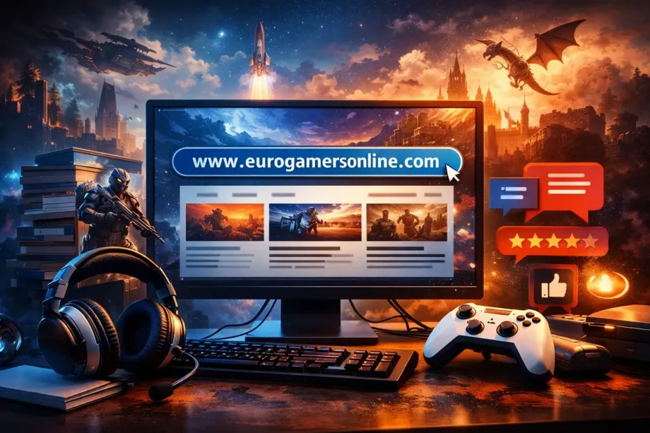 Gaming website illustration showing a computer screen with www.eurogamersonline.com and gaming accessories.