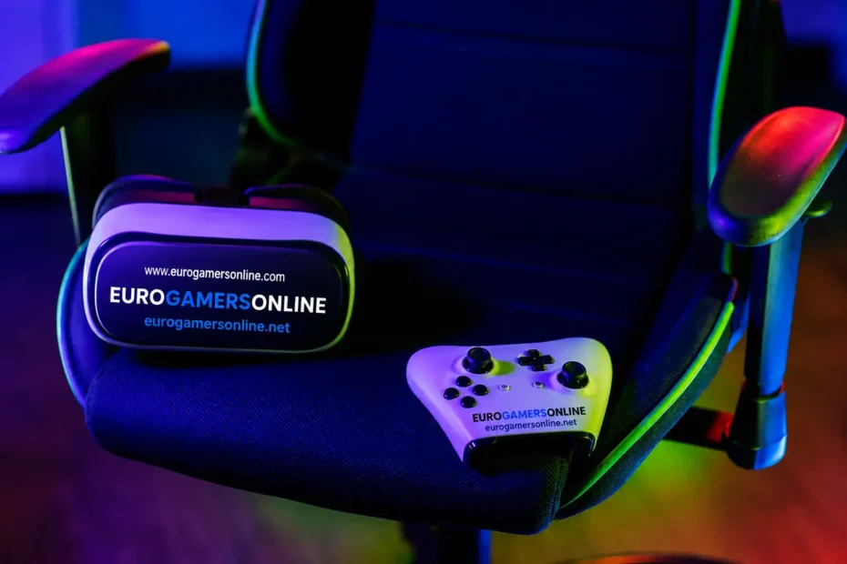 Neon-lit gaming chair with VR headset and controller featuring EuroGamersOnline branding.