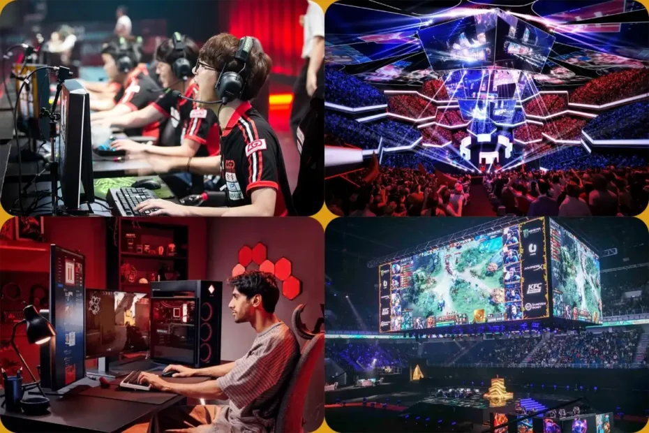 Competitive esports players and packed gaming tournament arena.