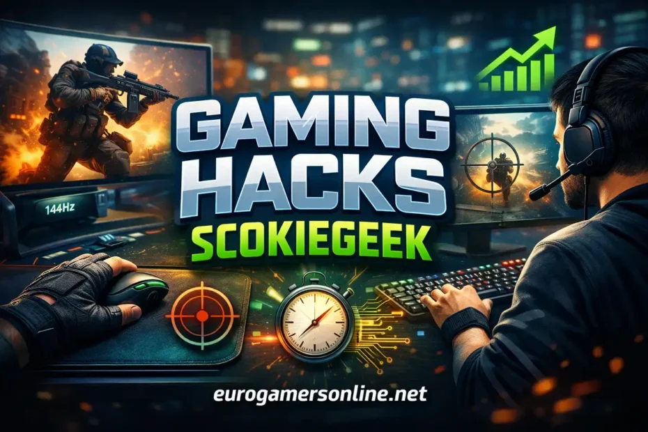 Gaming hacks banner featuring a competitive gamer setup with FPS gameplay on screen and the text “Gaming Hacks ScookieGeek” and “eurogamersonline.net” prominently displayed.