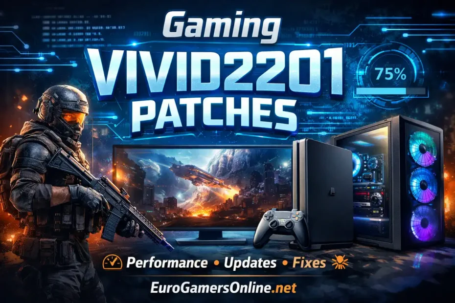 Gaming Vivid2201 Patches promotional graphic with futuristic soldier, gaming PC and console setup, and eurogamersonline.net branding.