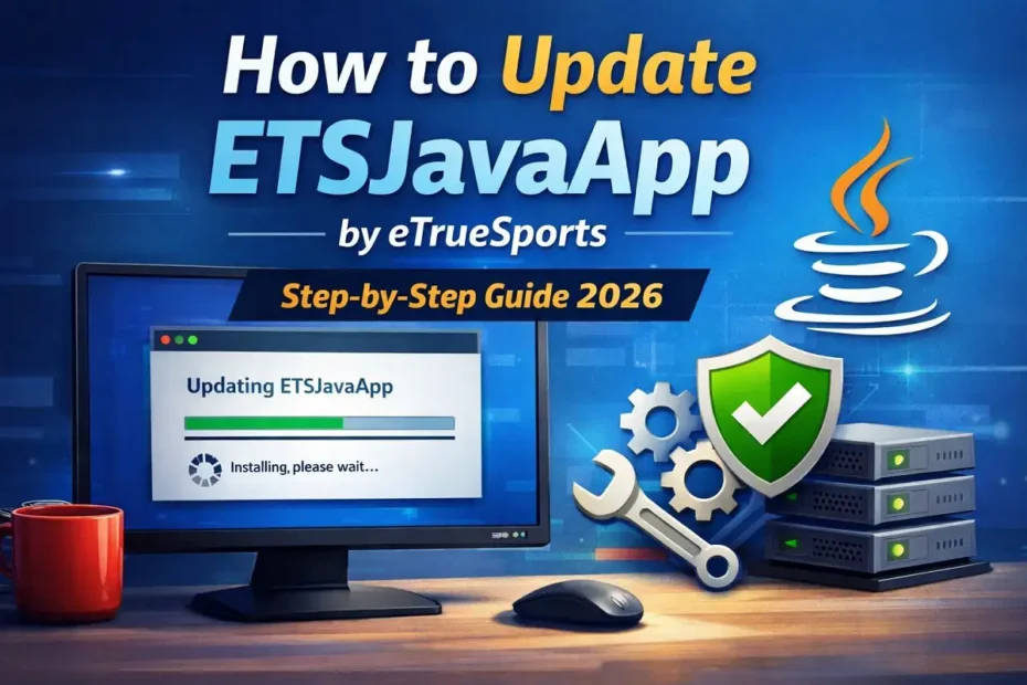 Updating ETSJavaApp by eTrueSports on a desktop computer with progress bar showing software update.
