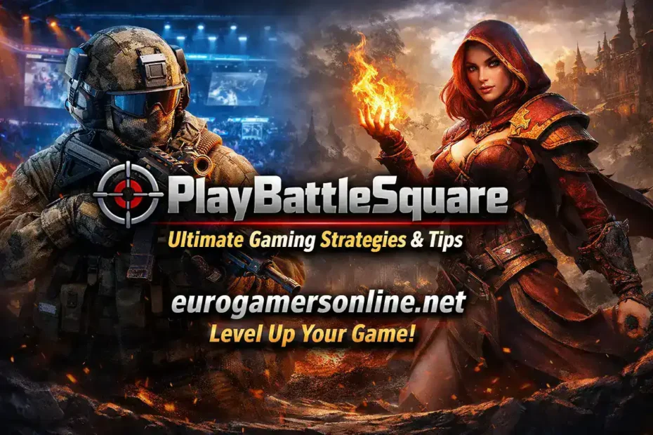 Futuristic soldier and fantasy mage promoting eurogamersonline.net gaming blog with PlayBattleSquare branding.