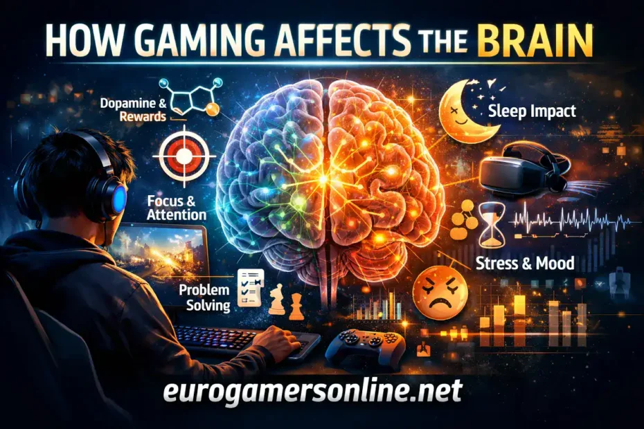Gamer playing on PC with glowing brain graphic showing gaming effects, branded eurogamersonline.net.