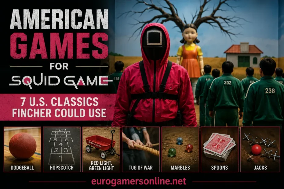 American Games for Squid Game themed gaming banner with U.S. classic playground games and eurogamersonline.net branding.