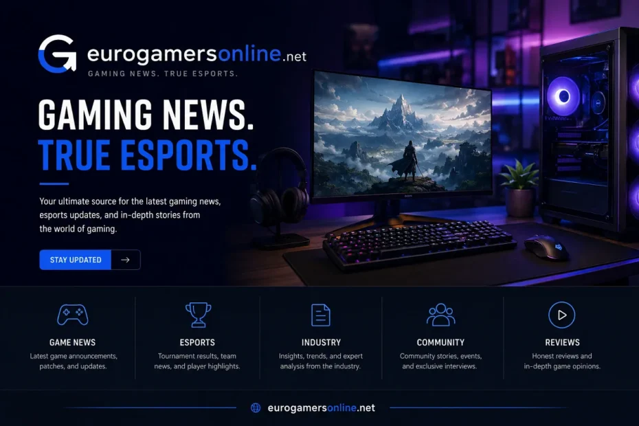 Gaming News etruesports banner with professional esports gaming setup and eurogamersonline.net branding.