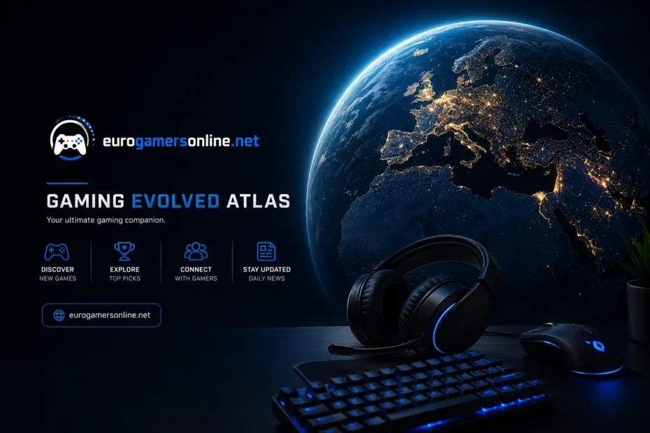 Gaming Evolved Atlas futuristic gaming setup with globe, headset, keyboard, and eurogamersonline.net branding.