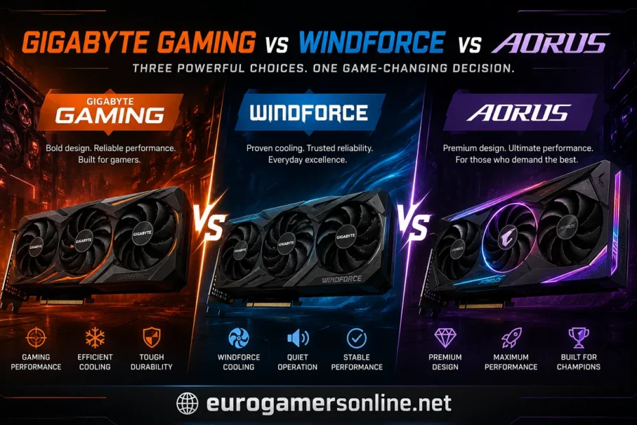Gigabyte Gaming vs Windforce vs Aorus GPU comparison graphic for eurogamersonline.net.
