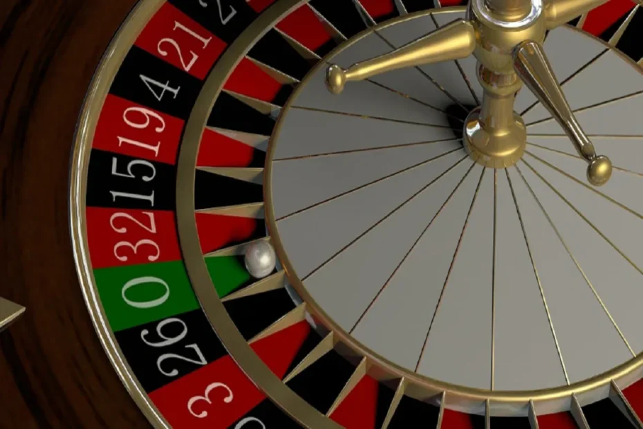 American Roulette wheel close-up with a spinning ball landing near numbered red, black, and green pockets.