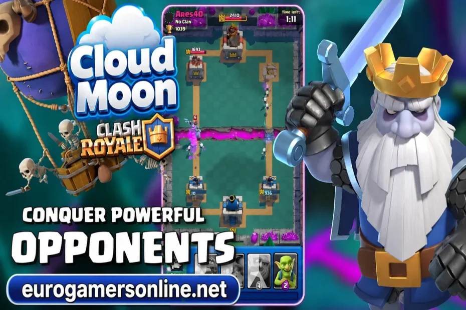 Cloud Moon Clash Royale gameplay with king character, battle arena, skeleton balloon troop, and eurogamersonline.net branding.