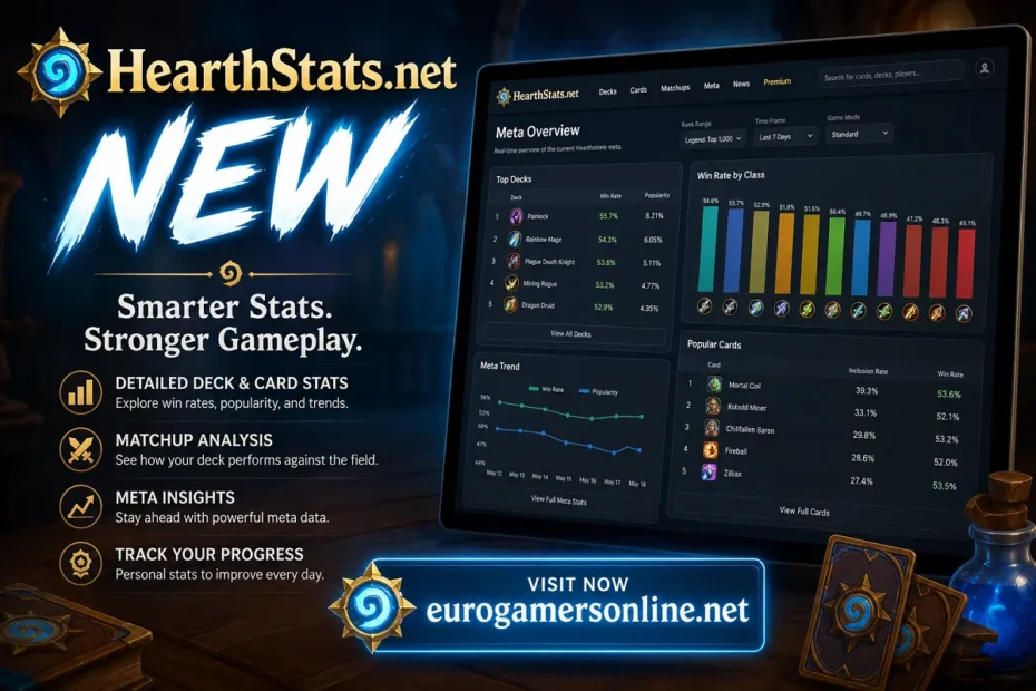 HearthStats.net New promotional banner featuring a fantasy-themed Hearthstone statistics dashboard, gameplay analytics, and eurogamersonline.net branding.