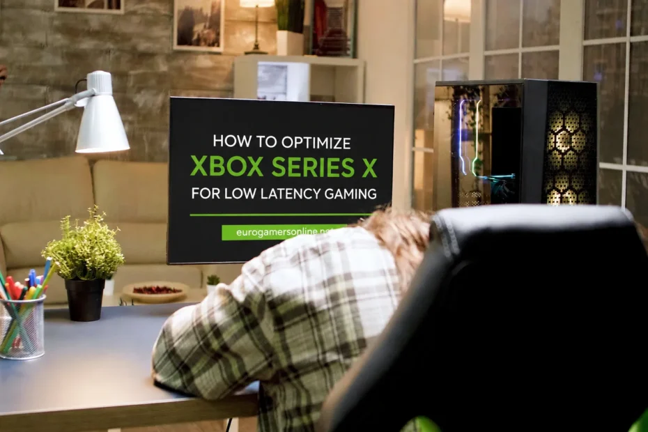 Xbox Series X low-latency gaming optimization setup displayed on a modern gaming monitor with eurogamersonline.net branding.