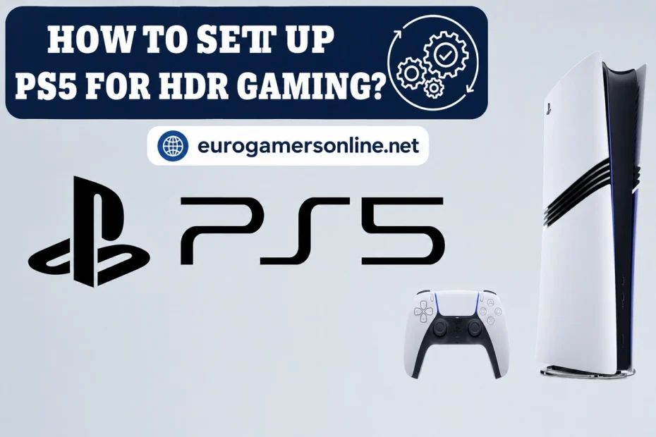 How to Set Up PS5 for HDR Gaming guide featuring a PS5 console, DualSense controller, and eurogamersonline.net branding.