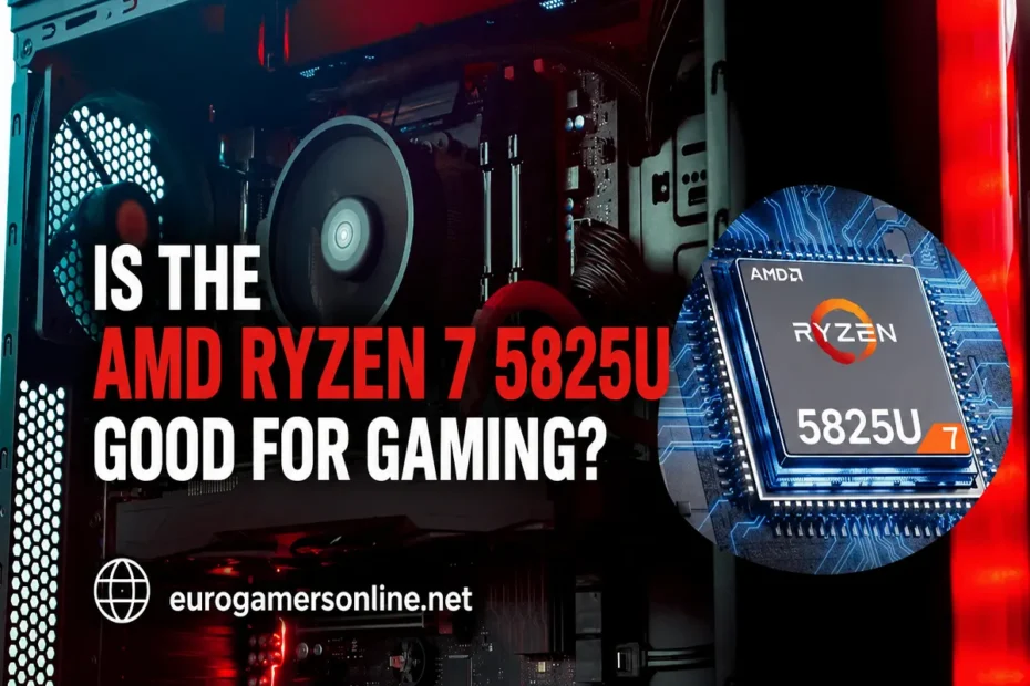 Is the AMD Ryzen 7 5825U Good for Gaming? Gaming PC setup with Ryzen 7 5825U processor and eurogamersonline.net branding.
