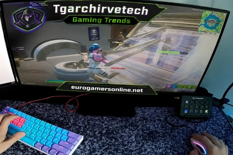 Tgarchirvetech Gaming Trends displayed on a gaming monitor with eurogamersonline.net branding in a modern PC gaming setup.