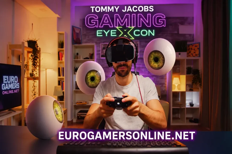 Tommy Jacobs Gaming EyeXcon promotional image featuring a VR gamer with floating eye-themed graphics in a neon-lit gaming room, branded with eurogamersonline.net.