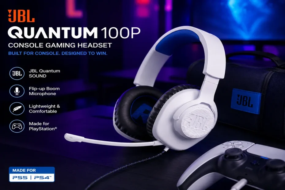 JBL Quantum 100P console gaming headset with PS5 controller.